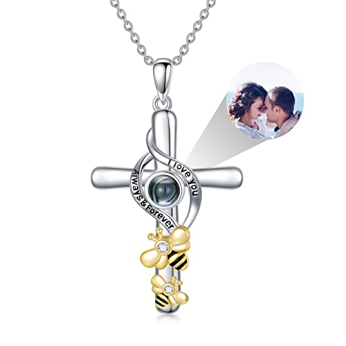 Dorunmo Personalisierte Projektion Bild Anhänger 925 Sterling Silber Biene Halskette Kreuz Kette mit Foto Bild Anhänger Geburtstag Jubiläums Schmuck Geschenke für Sie/Frauen/Freundin/Mutter von Dorunmo