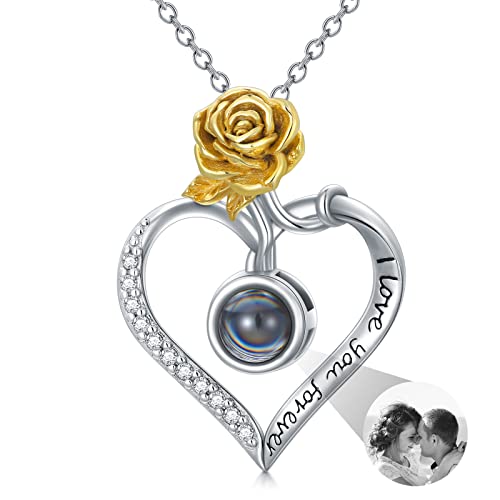 Dorunmo Personalisierte Projektion Bild Anhänger 925 Sterling Silber Halskette Kette mit Foto Bild Anhänger Rose Flower Halskette für Sie/Frauen/Freundin/Mutter Schmuck von Dorunmo