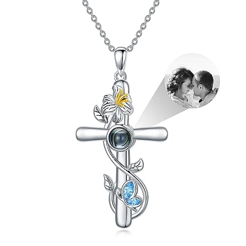 Dorunmo Personalisierte Projektion Bild Anhänger 925 Sterling Silber Halskette Kreuz Kette Lilien Halskette Anhänger Geburtstag Jubiläums Schmuck Geschenke für Sie/Frauen/Freundin/Mutter von Dorunmo