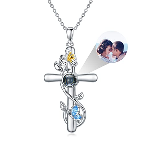 Dorunmo Personalisierte Projektion Bild Anhänger 925 Sterling Silber Lilien Halskette Kreuz Kette mit Foto Bild Anhänger Geburtstag Jubiläums Schmuck Geschenke für Sie/Frauen/Freundin/Mutter von Dorunmo