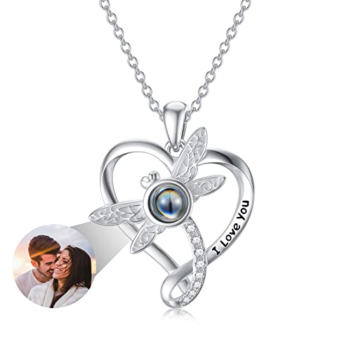 Dorunmo Personalisierter Projektion Bild Anhänger 925 Sterling Silber Halskette Herzförmiger Libelle Kette mit Foto Bild Anhänger Geburtstag Jubiläums Schmuck Geschenke für Sie/Frauen/Freundin/Mutter von Dorunmo