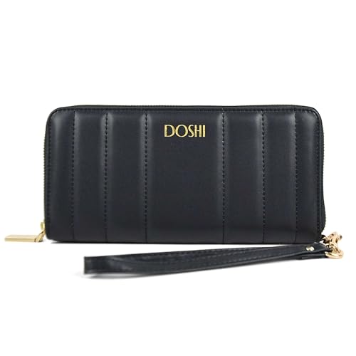 DOSHI - Continental Geldbörse für Damen - RFID Schutz Vegan Leder Geldbörse mit Kartenfächern - Luxus Damen Geldbörse, Schwarz, Mit umlaufendem Reißverschluss von Doshi