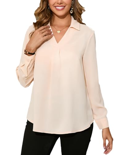 Dosieyeo Bluse Damen Elegant V Ausschnitt Langarmshirt mit Kragen Fließende Schlupfbluse Casual Alltagsbluse Bürobluse beige,M von Dosieyeo