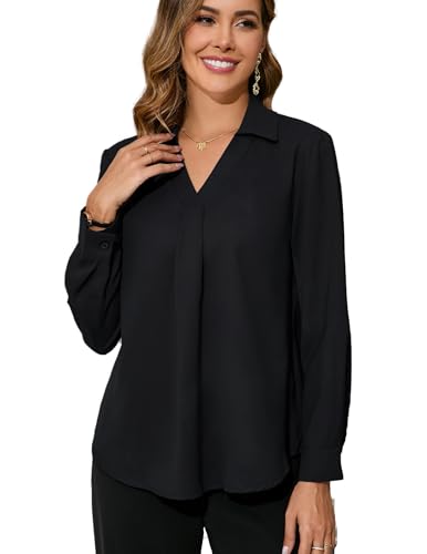 Dosieyeo Bluse Damen Elegant V Ausschnitt Langarmshirt mit Kragen Fließende Schlupfbluse Casual Alltagsbluse Bürobluse schwarz,XL von Dosieyeo
