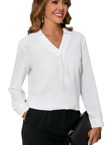 Dosieyeo Bluse Damen Elegant V Ausschnitt Langarmshirt mit Kragen Fließende Schlupfbluse Casual Weiße Alltagsbluse Bürobluse,S von Dosieyeo