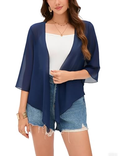 Dosieyeo Chiffon Bolero Damen Festlich 3/4 Arm Bolerojacke zum Binden Leichtes Jäckchen für Kleid Sommer Cover up Navy,L von Dosieyeo