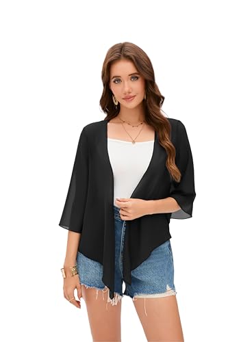 Dosieyeo Chiffon Bolero Damen Festlich 3/4 Arm Bolerojacke zum Binden Leichtes Jäckchen für Kleid Sommer Cover up schwarz,L von Dosieyeo
