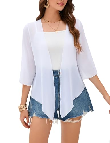Dosieyeo Chiffon Bolero Damen Festlich 3/4 Arm Bolerojacke zum Binden Leichtes Jäckchen für Kleid Sommer Cover up weiß,XL von Dosieyeo