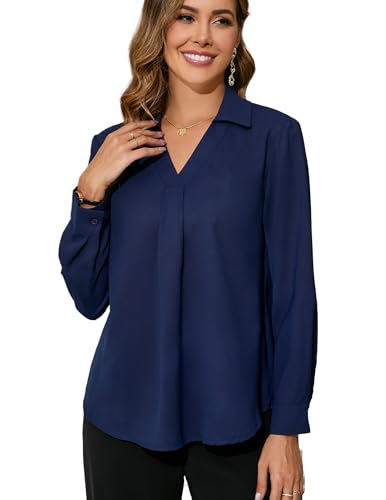 Dosieyeo Damen Bluse Elegant Langarmshirt V Ausschnitt Fließende Schlupfbluse Casual Business Hemdbluse für Frühling Navyblau,XXL von Dosieyeo