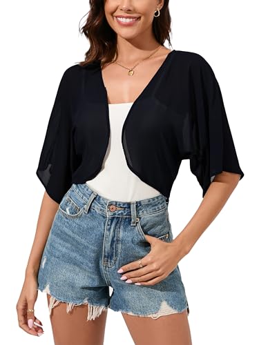 Dosieyeo Damen Bolero Chiffon Elegant Bolerojacke Leicht Luftig Jäckchen 3/4 Ärmel Dünne Schulterjacke zum Kleid Top Schwarz,M von Dosieyeo