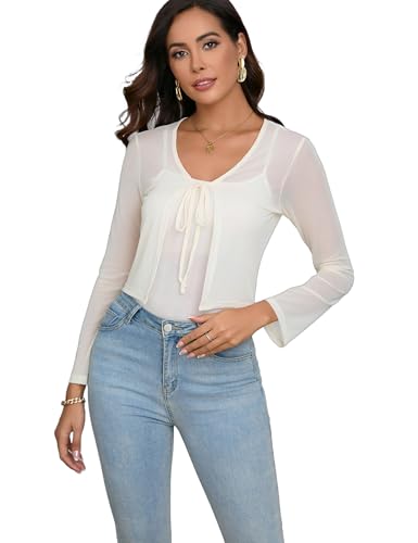 Dosieyeo Damen Bolero Elegant Langarm V Ausschnitt Jäckchen Leicht Tie Front Shrugs Stretch Schulterjacke zum Kleid Top Beige,XL von Dosieyeo