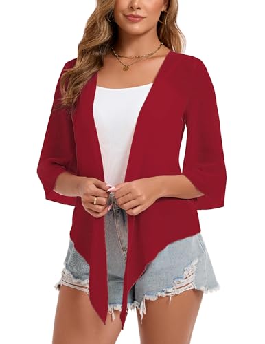 Dosieyeo Damen Bolero Festlich Chiffon Jacke 3/4 Arm Leicht Luftig Cardigan Elegant Schulterjacke für Kleid weinrot,XXL von Dosieyeo