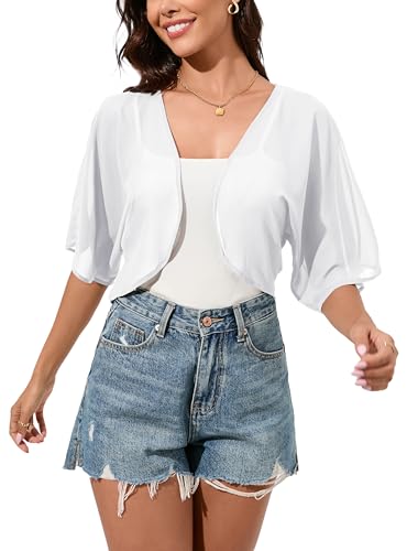 Dosieyeo Damen Bolero Festlich Chiffon Jäckchen 3/4 Arm Bolerojacke Leicht Luftig Sommer Cardigan für Abendkleider Weiß,S von Dosieyeo