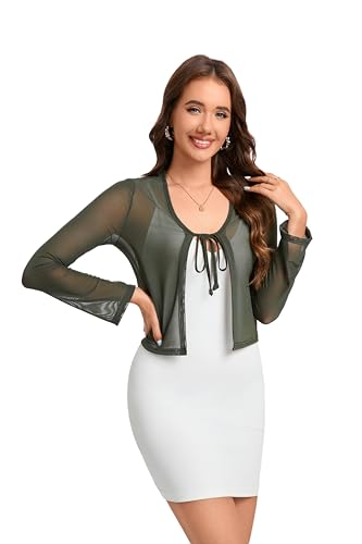 Dosieyeo Damen Bolero Sheer Shrug Tie Front Crop Cardigan Leicht Stretch Langarm Sommer Cover Up S-2XL, Dunkelgrün, XX-Large von Dosieyeo