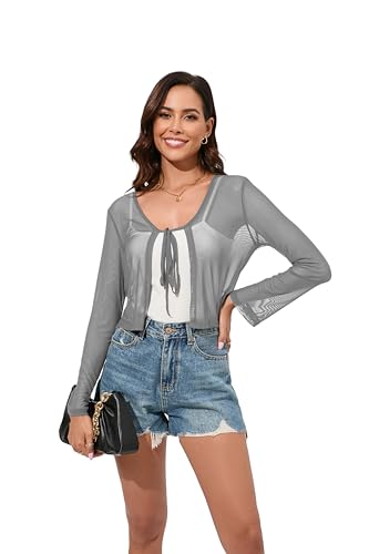 Dosieyeo Damen Bolero Sheer Shrug Tie Front Crop Cardigan Leicht Stretch Langarm Sommer Cover Up S-2XL, GRAU, Klein von Dosieyeo