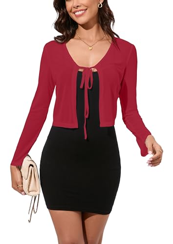 Dosieyeo Damen Bolero Sheer Shrug Tie Front Crop Cardigan Leicht Stretch Langarm Sommer Cover Up S-2XL, Rot/Ausflug, einfarbig (Getaway Solids), Mittel von Dosieyeo