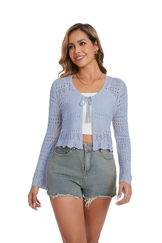 Dosieyeo Damen Häkel Cardigan Langarm Strickjacke mit Bindeband V Ausschnitt Bolero Leicht Cutout Strand Cover Up blau,XXL von Dosieyeo