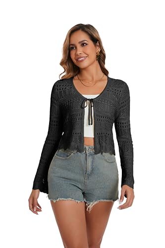 Dosieyeo Damen Häkel Cardigan Langarm Strickjacke mit Bindeband V Ausschnitt Bolero Leicht Cutout Strand Cover Up schwarz,XL von Dosieyeo