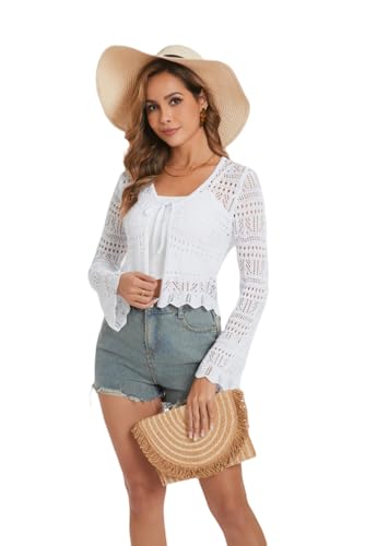 Dosieyeo Damen Häkel Cardigan Langarm Strickjacke mit Bindeband V Ausschnitt Bolero Leicht Cutout Strand Cover Up weiß,XXL von Dosieyeo