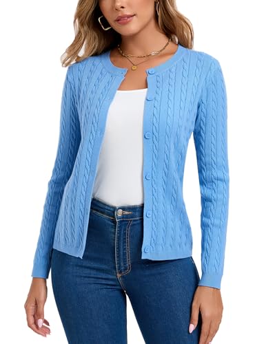 Dosieyeo Damen Kurze Strickjacke mit Knopfleiste Rundhals Langarm Trachtenjacke mit Zopfmuster Weiche Strickweste blau,XL von Dosieyeo