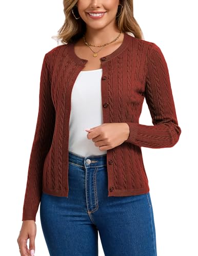 Dosieyeo Damen Kurze Strickjacke mit Knopfleiste Rundhals Langarm Trachtenjacke mit Zopfmuster Weiche Strickweste rot,XXL von Dosieyeo