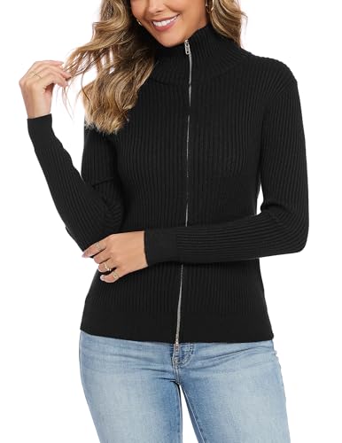 Dosieyeo Damen Langarm Strickjacke Stehkragen Gerippt Cardigan Leichte Zip Jacke Strickweste Casual Übergangsjacke schwarz,M von Dosieyeo