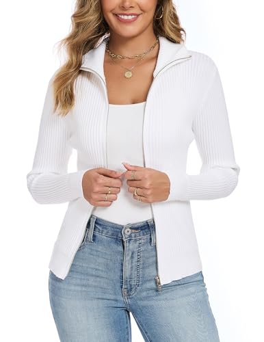 Dosieyeo Damen Langarm Strickjacke Stehkragen Gerippt Cardigan Leichte Zip Jacke Strickweste Casual Übergangsjacke weiß,XXL von Dosieyeo