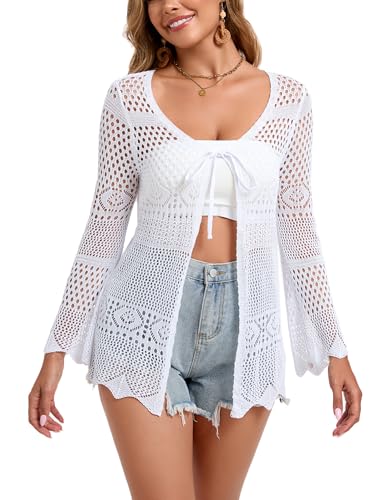 Dosieyeo Damen Lange Strickjacke V Ausschnitt Cardigan mit Lochmuster Bindeband Leicht Luftig Häkeljacke Bikini Cover Up weiß,S von Dosieyeo