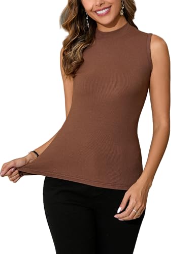 Dosieyeo Damen Rolli Top ohne Ärmel Unterziehrolli mit Stehkragen Elegant Rippenrolli Stretch Jersey Weste zum Unterziehen kaffee,XXL von Dosieyeo