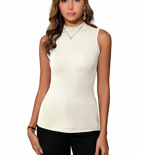 Dosieyeo Damen Rolli Top ohne Arm Unterziehrolli mit Stehkragen Elegant Gerippt Rollkragenshirt zum Unterziehen beige,XXL von Dosieyeo
