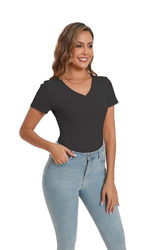 Dosieyeo Damen Shirt Kurzarm Elegant V Ausschnitt Gerippt Oberteil mit Knöpfe Basic Stretch T-Shirt Slim Fit schwarz,L von Dosieyeo