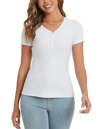 Dosieyeo Damen Shirt Kurzarm Elegant V Ausschnitt Gerippt Oberteil mit Knöpfe Basic Stretch T-Shirt Slim Fit weiß,XL von Dosieyeo