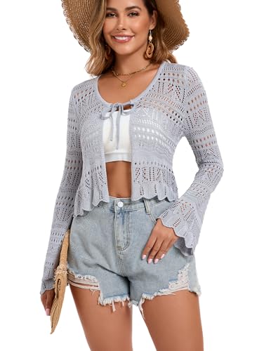 Dosieyeo Damen Sommer Strickjacke V-Ausschnitt Häkel Cardigan Leicht Luftig Strickweste Boho Strand Cover Up grau,XL von Dosieyeo