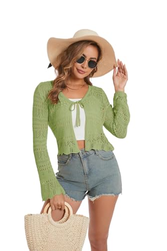 Dosieyeo Damen Sommer Strickjacke V-Ausschnitt Häkel Cardigan Leicht Luftig Strickweste Boho Strand Cover Up grün,S von Dosieyeo