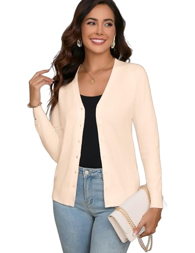 Dosieyeo Damen Strickjacke Casual Leicht V Ausschnitt Cardigan mit Knopfleiste Weiche Dehnbare Langarm Feinstrick Weste beige,XXL von Dosieyeo