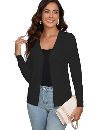 Dosieyeo Damen Strickjacke Casual Leicht V Ausschnitt Cardigan mit Knopfleiste Weiche Dehnbare Langarm Feinstrick Weste schwarz,L von Dosieyeo