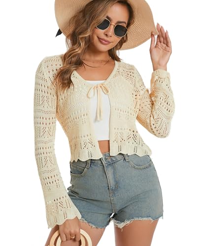 Dosieyeo Damen Strickjacke Häkel Cardigan mit Bindeband V Ausschnitt Langarm Jacke Leicht Cutout Strand Cover Up beige,M von Dosieyeo
