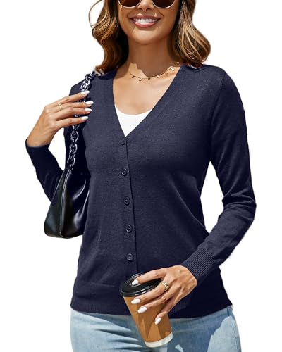 Dosieyeo Damen Strickjacke Langarm Elegant Feinstrick Cardigan mit Knopfleiste Weiche Stretch Strickweste für Herbst Frühling Navyblau,XXL von Dosieyeo