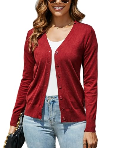 Dosieyeo Damen Strickjacke Langarm Elegant Feinstrick Cardigan mit Knopfleiste Weiche Stretch Strickweste für Herbst Frühling weinrot,L von Dosieyeo