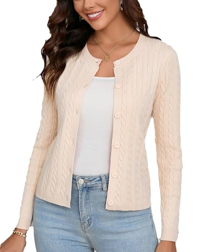 Dosieyeo Damen Strickjacke Langarm Rundhals Cardigan mit Zopfmuster Elegant Warme Grobstrick Jacke für Herbst Frühling beige,XL von Dosieyeo