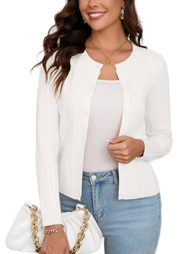 Dosieyeo Damen Strickjacke Langarm Rundhals Cardigan mit Zopfmuster Elegant Warme Grobstrick Jacke für Herbst Frühling weiß,L von Dosieyeo