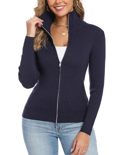 Dosieyeo Damen Strickjacke Langarm Stehkragen Cardigan mit Reißverschluss Leichte Gerippt Strickweste Basic Jacke Navyblau,S von Dosieyeo