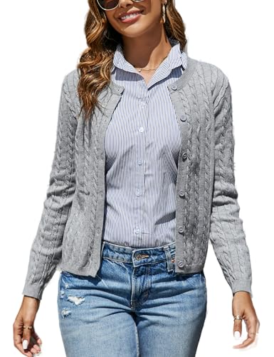 Dosieyeo Damen Strickjacke Weich Warm Langarm Cardigan mit Zopfmuster Kuschelig Rundhals Strickweste mit Knöpfen für Herbst Grau,XXL von Dosieyeo
