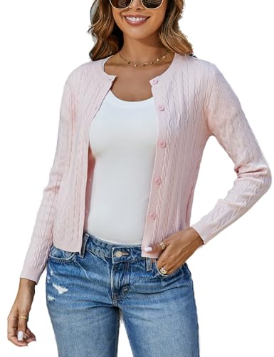 Dosieyeo Damen Strickjacke mit Zopfmuster Langarm Cardigan mit Knöpfen Elegant Casual Rundhals Strickweste Warme Trachtenjacke Rosa,S von Dosieyeo