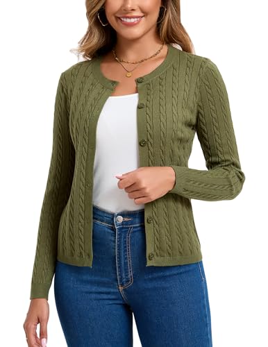 Dosieyeo Damen Strickjacke mit Zopfmuster Langarm Weiche Leichte Trachtenjacke Rundhals Cardigan mit Knopfleiste grün,M von Dosieyeo