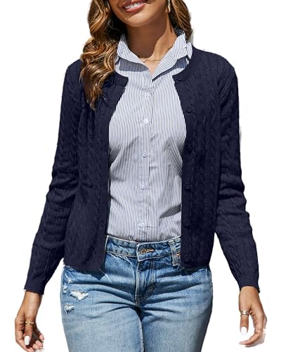 Dosieyeo Damen Strickjacke mit Zopfmuster Rundhals Langarm Cardigan mit Knöpfen Weiche Warme Grobstrick Trachten Strickjacken Navy,XL von Dosieyeo