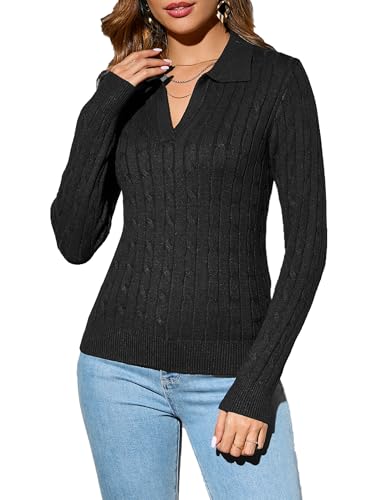 Dosieyeo Damen Strickpullover Elegant Langarm Pullover mit Zopfmuster V Ausschnitt Pulli Polokragen Weich Stretch Sweatshirt schwarz,M von Dosieyeo