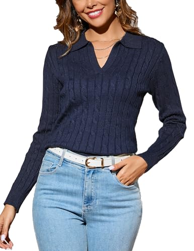 Dosieyeo Damen Strickpullover mit Zopfmuster Langarm Casual V Ausschnitt Pullover mit Polokragen Kuschelig Sweatershirt Navyblau,XXL von Dosieyeo