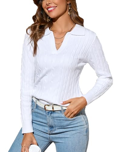 Dosieyeo Damen Strickpullover mit Zopfmuster Langarm Casual V Ausschnitt Pullover mit Polokragen Kuschelig Sweatershirt weiß,XL von Dosieyeo