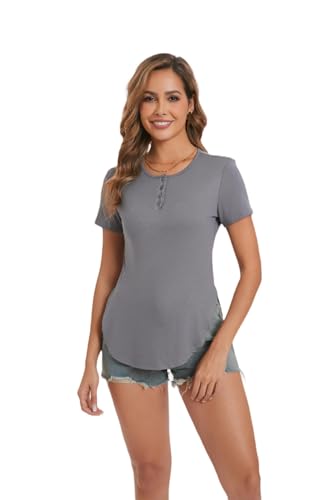 Dosieyeo Damen Tshirt Damen Kurzarm Locker V-Ausschnitt Oberteil mit Knopfleiste Leicht Luftig Sommershirt grau,XXL Dosieyeo Damen Tshirt Damen Kurzarm Locker V-Ausschnitt Oberteil mit Knopfleiste Leicht Luftig Sommershirt grau,XXL von Dosieyeo
